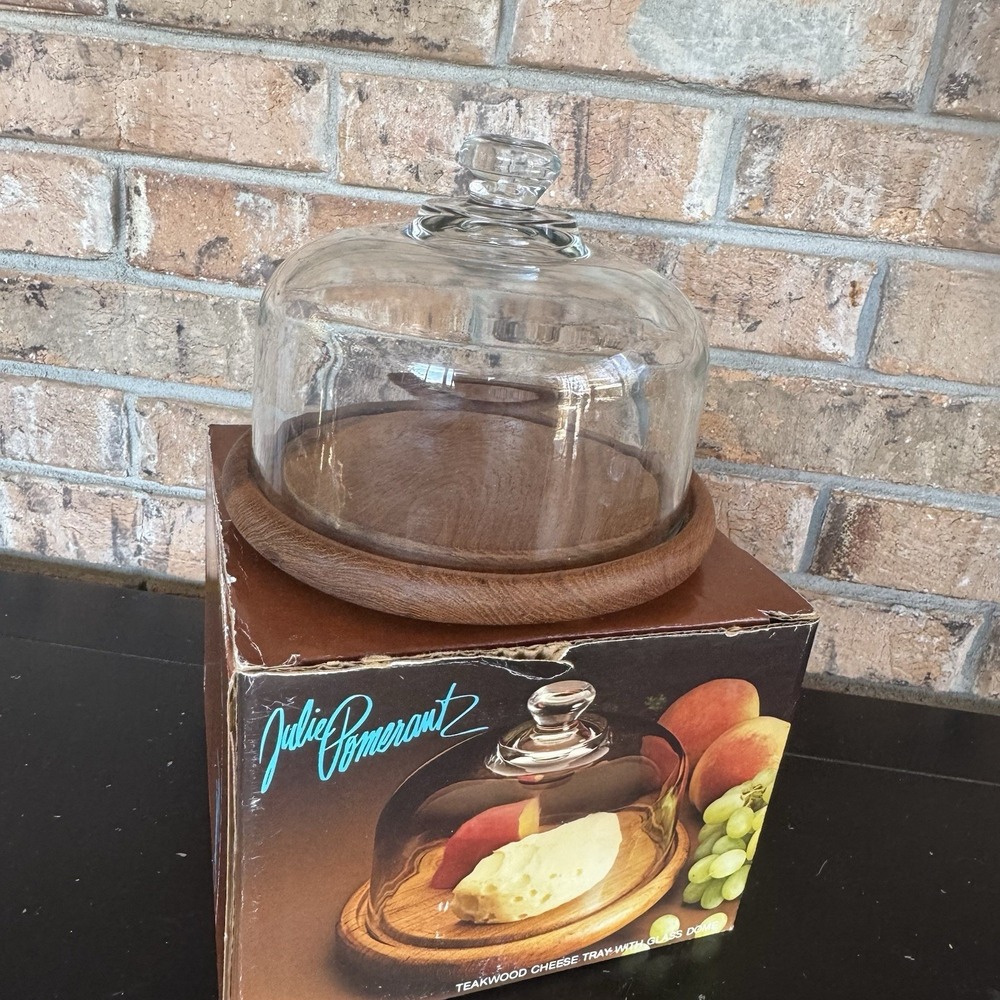 Vintage Teak Wood Cheese Board / Cake Stand w/Glass Cloche Dome Mid-Century - Picture 3 of 8